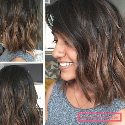 Shatush su capelli scuri di media lunghezza da diversi lati