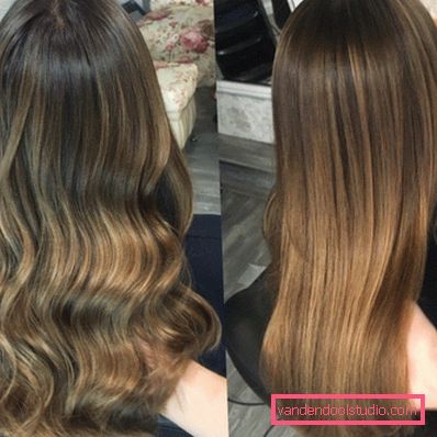 Shatush colorante su capelli scuri Tintura alla moda di capelli scuri e chiari nello stile di Shatush