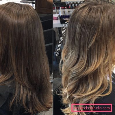 Capelli coloranti shatush Tintura alla moda di capelli scuri e chiari nello stile di Shatush