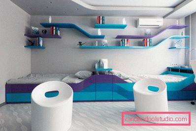 Un design interessante di una stanza per bambini per un ragazzo di diverse età.