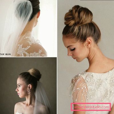 Acconciatura da sposa ciambella alta e bassa con un velo e senza di essa